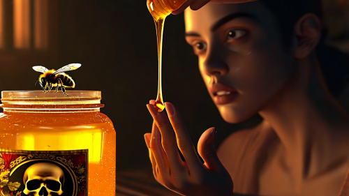 A woman staring at dripping Super Honey from a jar!